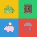 Saving money icons set piggy bank, safe, umbrella, dollar. Business and finance color vector illustration. Royalty Free Stock Photo